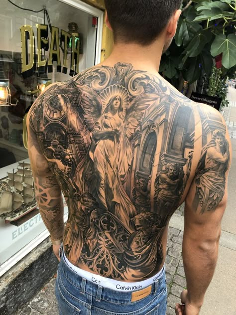 Roman Back Tattoo, Back Tattoo Men Full, Half Back Tattoo Men, Half Back Tattoo, Full Back Tattoos For Men, Back Piece Tattoo Men, Back Tattoo Men, Portrait Tattoo Sleeve, Mens Body Tattoos