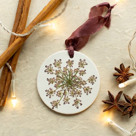 Pressed flower ornaments finished with hand-dyed silk ribbons, perfect for the festive season, or even better displayed all year round. 🤍 Small Business Uk, Snow Drops, Hand Dyed Silk Ribbon, Flower Ornaments, Hand Dyed Silk, Pressed Flower, Handmade Ornaments, Queen Anne, My Garden