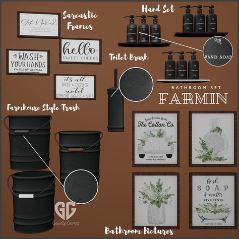 Decor | Collection from Gawdly Games | 26 posts | Patreon Bathroom Quotes Decor, Trash Can Bathroom, Living Room Sims 4, Sims 4 Expansions, Bathroom Decor Sets, Rustic Bathroom Decor, Free Candy, House Outside Design, Bathroom Pictures