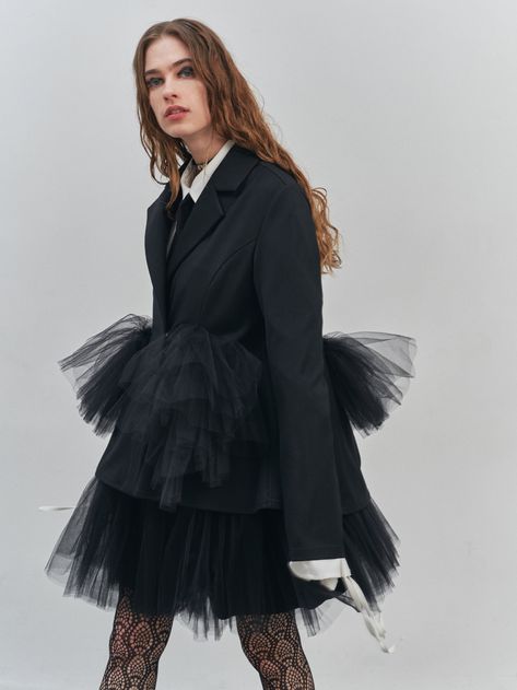 Blazer Upcycling, Tailored Long Sleeve Ruffled Blazer, Black Fitted Blazer With Ruffles, Black Long Sleeve Blazer With Ruffles, Luxury Long Sleeve Avant-garde Blazer, Black Avant-garde Long Sleeve Outerwear, Black Wool Blazer, Black Tulle, Woman Suit Fashion