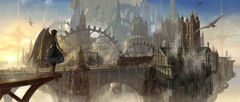 Clockpunk Aesthetic, Steampunk City, Steampunk Artwork, Landscape Concept, Image Painting, Fantasy City, Aesthetic Desktop Wallpaper, Steampunk Art, Fantasy Concept Art