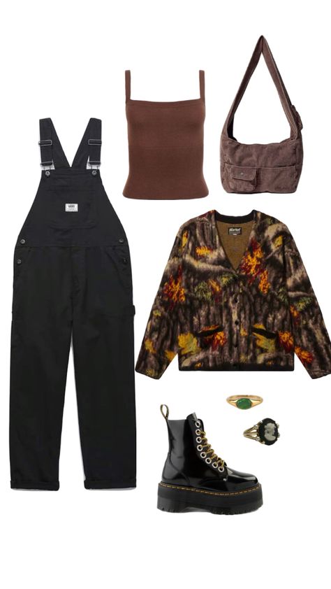 #outfitinspo #outfits #outfit #black #brown #green #earthtones #docmartens Black Clothes Aesthetic, Overalls Outfit Winter, Black Overalls Outfit, Overalls Outfit, Black Clothes, Black Overalls, Clothes Aesthetic, Outfit Winter, Overalls