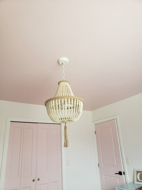 Pale Pink Ceiling Bedroom, Nursery Ceiling Paint, Pink Bedroom Ceiling, Decals On Ceiling, Pink Ceiling Nursery, Pale Pink Accent Wall, Nursery With Painted Ceiling, Painted Ceiling Nursery, Pink Ceiling Bedroom