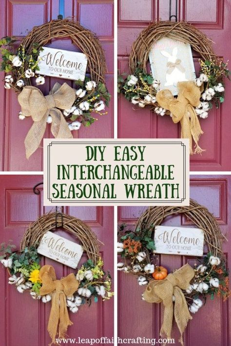 Easy DIY wreaths for front door for all seasons!  Easily change a few things to make it work for fall, summer, spring, and winter! #wreath #diy #diyhomedecor #frontdoors #diywreath Interchangeable Wreath, Remodel Stairs, Easy Diy Wreaths, Diy Spring Wreath, Door Signs Diy, All Season Wreath, Front Porch Christmas Decor Ideas, Porch Christmas Decor Ideas, Porch Christmas Decor