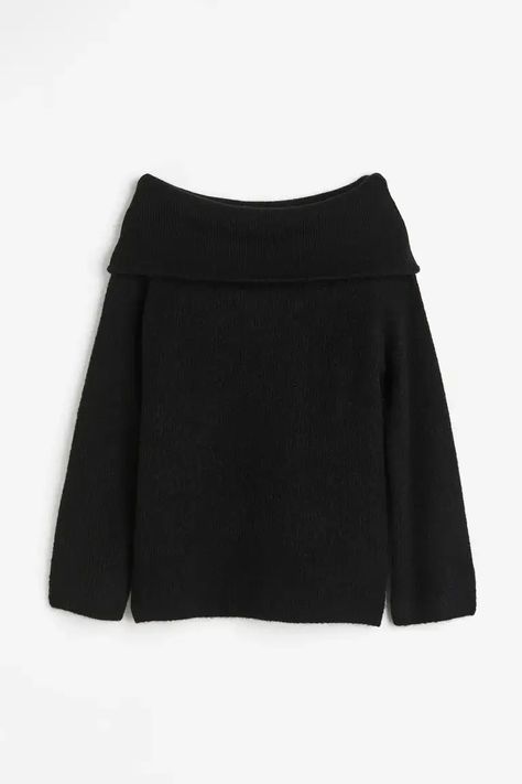 Fall Wardrobe Basics, Off The Shoulder Jumper, Long Denim Skirt, Black Off Shoulder, Suede Boots Knee High, Off Shoulder Sweater, Knit Midi Dress, Sweater Black, Knit Jumper