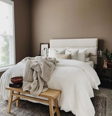 Behr Dry Brown, Behr Paint Colors Brown, Moody Guest Room, Brown Painted Cabinets, Farrow And Ball Sulking Room, Sulking Room Pink, Guest Bedroom Home Office, Brown Paint Colors, Behr Colors