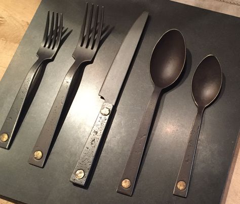 Restoration Hardware - Hammered Steel Rivet Flatware - pair with matte-finish dish-ware. So nice! Hey Bartender, Brooklyn Apartment, So Nice, Restoration Hardware, Rustic Kitchen, Flatware, Home Accessories, Brooklyn, Dinnerware