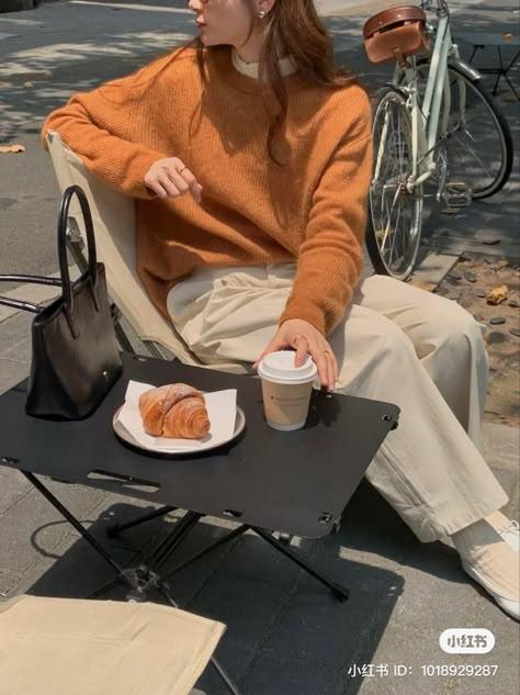 Coffee And Outfit Aesthetic, Orange Sweater Outfit Fall Looks, Orange Turtleneck Outfit, Cream Corduroy Pants Outfits, Orange Cardigan Outfit, Sweater Outfits Korean, Orange Ootd, Orange Sweater Outfit, Polo Sweater Outfit