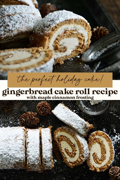 Holiday Cake Roll Recipes, Gingerbread Swiss Roll Cake, Ginger Bread Bundt Cake Recipes, Gingerbread Roll Cake, Jellyroll Cake Recipes, Ginger Bread Loaf Recipes, Roll Cakes Recipe, Gingerbread Cake Roll Recipe, Gingerbread Cake With Caramel Sauce