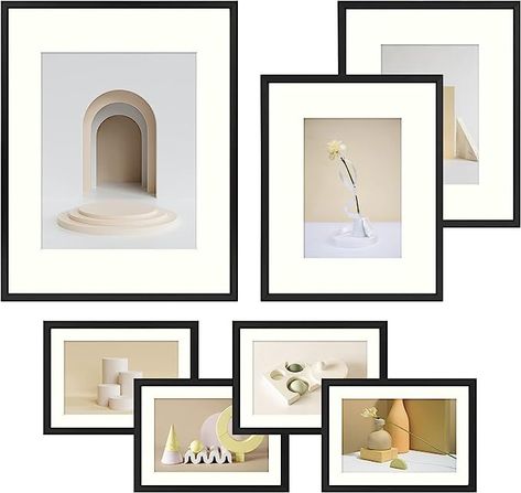 Amazon.com - Frametory, Aluminum Picture Frames Set of 7 - Black Gallery Wall Kit - Displays One 11x14, Two 8x10, and Four 5x7 inch Photos for Home Decoration Wall Above Stairs Decor, Above Stairs Decor, Gold Gallery Wall, Family Picture Frame Wall, Gallery Wall Frame Set, Gold Gallery, Picture Frame Gallery, Wall Frame Set, Stair Decor