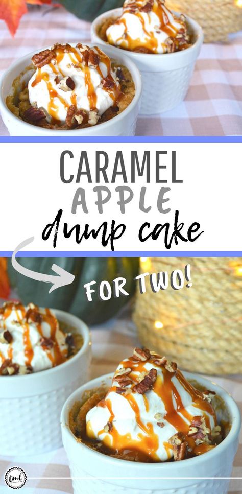 Caramel Apple Dump Cake For Two | It's like apple pie, but better, because you only need a few simple ingredients and it only takes a fraction of the time to make. It's the perfect date night dessert for two, or to treat yourself (without having to bake an entire pie) | A recipe to enjoy beyond the holidays, but also the perfect recipe in a pinch | #caramelapple #sweettooth #dumpcake #dessertrecipes #appledessert | theMRSingLink Apple Dessert For Two, Dessert Recipes For Date Night, Desert For 2 People, Single Apple Dessert, Apple Cake For Two, Dessert Recipes For 2 People, Thanksgiving Dessert For Two, 2 Person Dessert, Apple Dessert For One