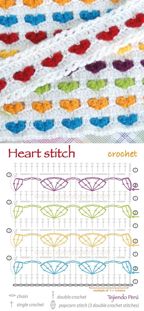 Heart Stitch, Crochet Stitches Diagram, Confection Au Crochet, Pola Sulam, Kraf Diy, Stitch Crochet, Crochet Afghans, Crochet Diy, Crochet Motifs