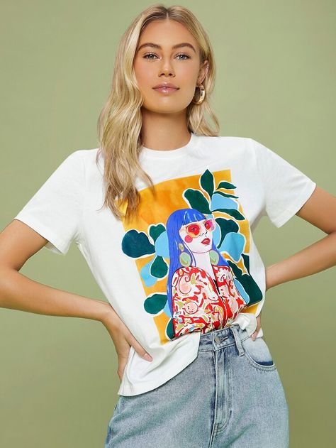 Free Returns ✓ Free Shipping On Orders $49+ ✓. SHEIN X Penelope Ping Figure Graphic Tee- Women T-Shirts at SHEIN. Figure Graphic Tee, Women T Shirts, Shein Style, White Casual, Graphic Tees Women, Printed Tees, Summer Women, Women Clothing, Fashion News