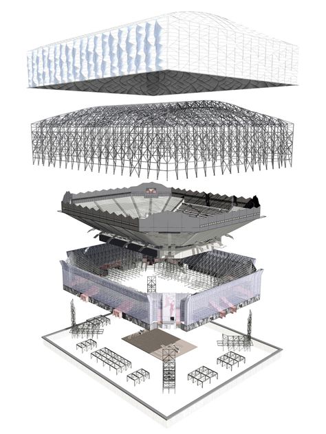 London 2012 Basketball Arena / Wilkinson Eyre Architects Form Development Architecture Shape, Axonometric Drawing, Stadium Architecture, Stadium Design, Genius Loci, Sports Stadium, Presentation Layout, Layout Architecture, Architecture Graphics