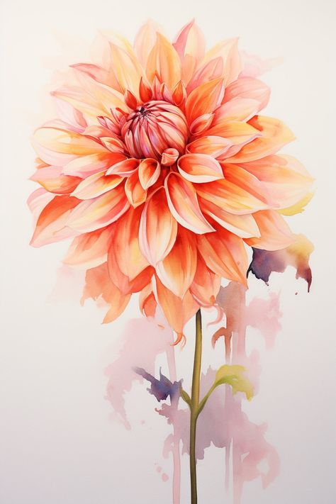 Flowers To Paint Watercolor, Dahlia Flower Watercolor, Dahlia Orange, Watercolor Chrysanthemum, Dahlia Watercolor, Dahlia Art, Orange Dahlia, Flower Drawings, Pencil Sketch Images