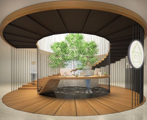 Sales Gallery Lobby by Ee Chen at Coroflot.com Lobby Architecture Design, Curved Interior, Japanese Lobby Interior Design, Lobby Perspective, Curved Lobby Design, Building Entrance Lobby, Japanese Courtyard Garden, Retro Cafe, Interior Design Courses