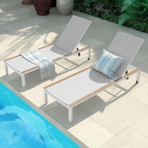 Grand patio Outdoor Chaise Lounge Set of 2 Mesh Sling Steel Chairs with Woodgrain Texture, Portable Wheels & 4 Adjustable Reclining Backrest Positions for Poolside Beach White 2PCS Poolside Loungers, Patio Chaise Lounge, Steel Chair, Patio Outdoor, Sling Chair, Outdoor Chaise, Outdoor Chaise Lounge, Patio Seating, Lounge Chair Outdoor