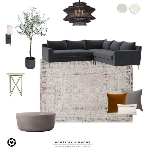 Living room furniture and decor that’s modern yet comfortable! Dark slate sectional, cememt coffee table, textured area rug and throw pillows that add interest. Neutral and earthy tones with black, brass and ochre accents. Design: Homes by Simmone Shop this look on the liketoknow.it app! #livingroomdecor #livingroomideas #livingroomideas #modernhome #interiordesign #interiordesignideas #designinspo #ltkhome #liketoknowithome Dark Gray Sectional With Rug, Pillows That Go With Dark Grey Couches, Dark Grey Sectional Decor, Dark Neutral Color Palette Living Room, Slate Grey Sofa Living Room Ideas, Loungeroom Styling Dark Grey Couch, Grey Couch Coffee Table Ideas, Slate Grey Couch Living Room, Neutral Living Room Gray Couch