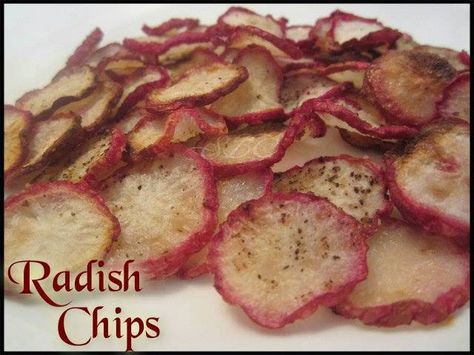 Lose it with Alexis : Radish ChipsIngredients:10 or more large Radishes ... Radish Chips, Best Low Carb Snacks, Healthy Crisps, Ideal Protein Recipes, Cooking Spray, Cooking With Olive Oil, Low Carb Snacks, Family Favorite Meals, Radishes