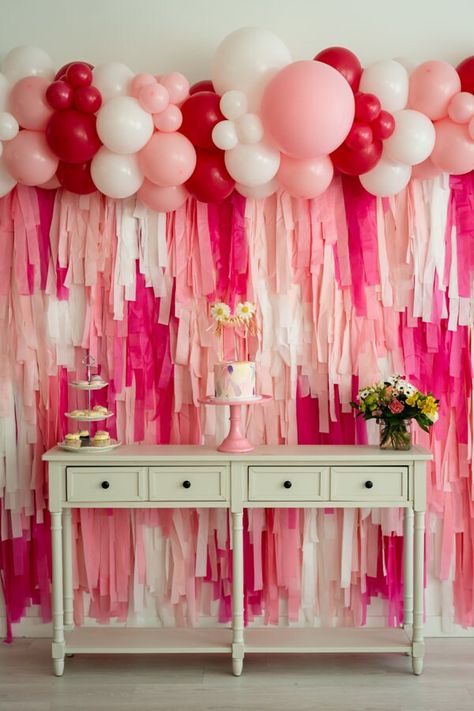 Pink Streamer Backdrop, Shades Of Pink Birthday Party, Pink Adult Birthday Party, Puppy Birthday Party Theme, Beary First Birthday Party, Threenager Party, Pink Photo Backdrop, Drunk In Love Bachelorette, Backdrop Fringe