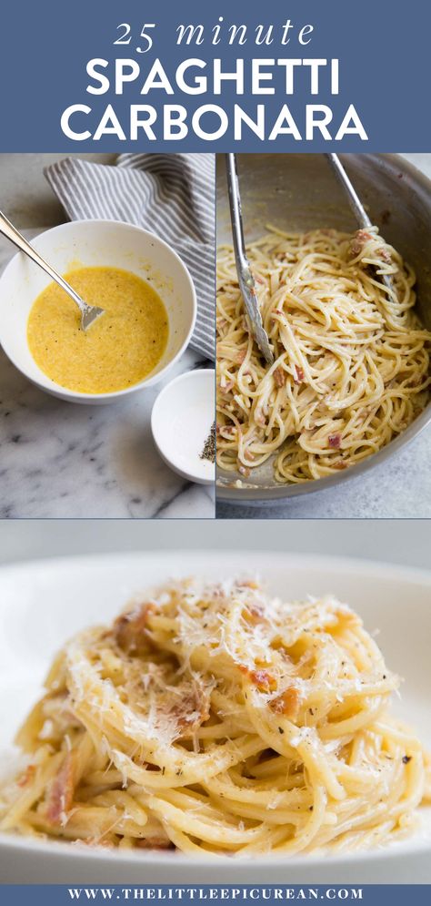 spaghetti carbonara being made and served Bucatini Pasta Recipes, Simple Spaghetti Recipe, Simple Pasta Dishes, Roman Pasta, Italian Pasta Recipe, Traditional Spaghetti, Classic Italian Pasta, Spaghetti Recipes Easy, Creamy Spaghetti