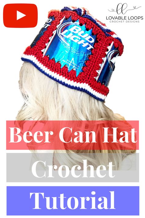 Hat Crochet Patterns Free, Beer Box Hat, Crochet Beer Can Hat, Hat Crochet Tutorial, Beer Can Hat, Hat Crochet Patterns, Crochet Beer, C2c Crochet Pattern Free, Crochet Animal Hats