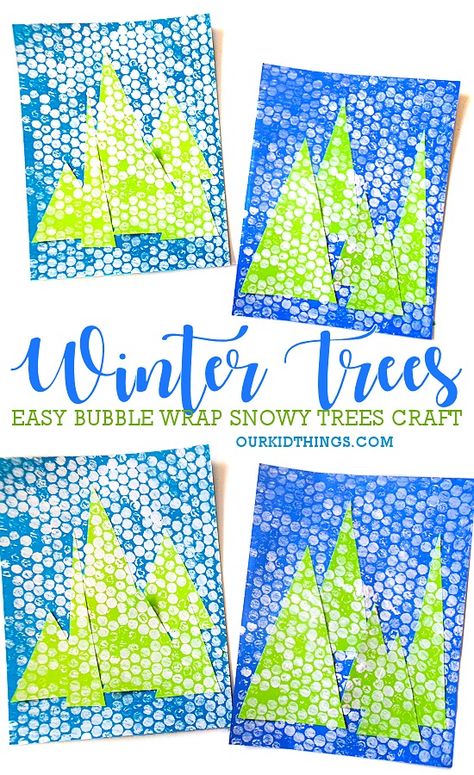 Bubble Wrap Winter Trees Art Craft - Our Kid Things Bubble Wrap Christmas Tree Painting, Bubble Wrap Christmas Tree, Winter Tree Crafts, Bubble Wrap Art, Bubble Crafts, Winter Picture, Christmas Preschool, Preschool Winter, Thema Winter