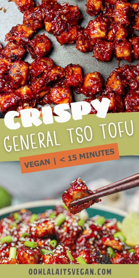 collage of General Tso Tofu for Pinterest pin Stove Top Tofu, Sprouted Tofu Recipes, General Tso Tofu Recipe, Best Vegan Tofu Recipes, Vegan General Tso Tofu, Tofu Broccoli Recipes, Tofu Slow Cooker Recipes, Stir Fry Tofu Recipes, Tofu Snack Recipes