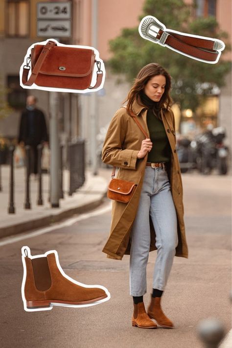 Autumn outfits, free-time mood. Waterproof trench, flat-rib woollen turtleneck, vintage jeans. Flat Chelsea Boots Outfit, Camel Boots Outfit, Flat Boots Outfit, Camel Flats, Flat Chelsea Boots, Chelsea Boots Outfit, Camel Boots, Leather Chelsea Boots, Autumn Outfits