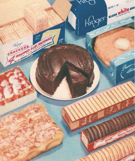 Pleasant Family Shopping: The Postwar Kroger Vintage Bakery Poster, Vintage Snack Packaging, Vintage Cake Advertisement, Vintage Candy Advertisements, 1940s Food Ads, Vintage Food Posters, Bakery Shop, Food Ads, Wedding Cakes Vintage