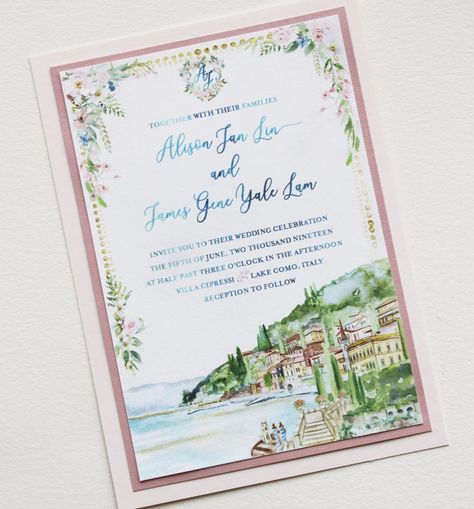 Balbianello Wedding, Watercolor Wedding Invites, Hand Painted Wedding Invitations, Painted Wedding Invitations, Hand Painted Invitations, Wedding Invitations Watercolor, Painted Wedding Invitation, Custom Wedding Map, Watercolour Wedding Stationery