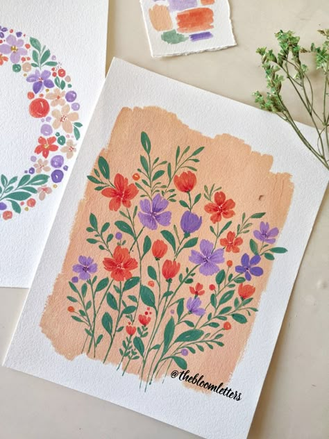 Aesthetic Floral Painting Easy, Floral Simple Painting, Gouache Flowers Easy, Gouache Art Flowers, Watercolor Floral Composition, Gouche Painting Ideas Easy Flowers, Floral Composition Painting, Floral Gouache Painting, Gouache Ideas Easy