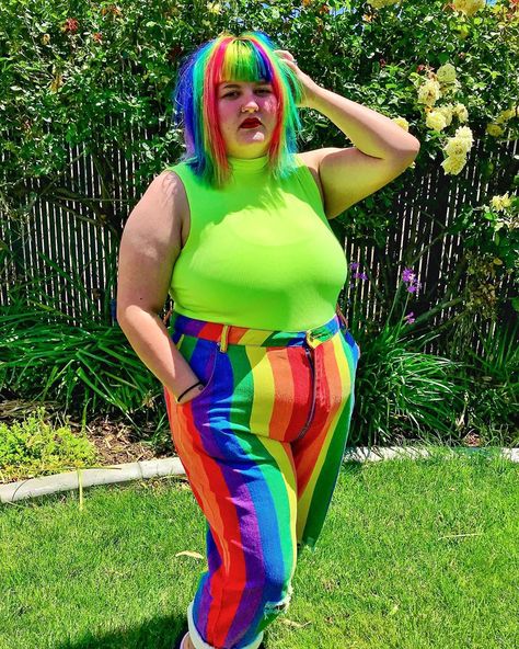 Plus Size Rainbow Outfits, Plus Size Pride Outfit, Plus Size Kidcore, Rainbow Clothes, Ireland Clothes, Clowncore Outfit, Kidcore Fashion, Rainbow Pants, Rainbow Outfit