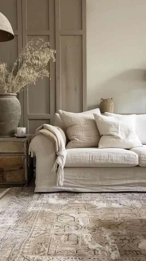 Midjourney AI Image: a living rom with soft neutral colors. A linen sofa → more in ai-img-gen.com Living Room With White Couch, Light Color Scheme, Tan Throw Blanket, Tan Pillow, Paneled Walls, Tan Pillows, White Couch, White Couches, Patterned Rug