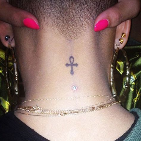 Cassie Ventura Ankh Neck Tattoo | Steal Her Style Tattoo Sonne, Ankh Tattoo, Small Star Tattoos, Bum Tattoo, Cassie Ventura, Steal Her Style, Egyptian Tattoo, Spooky Tattoos, Wrist Tattoos For Women