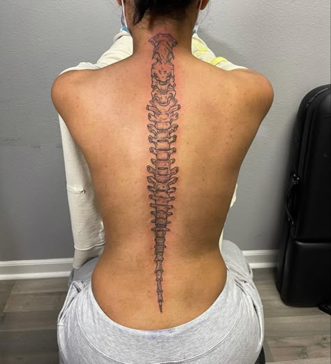 Tattoo Of Spine On Spine, Snack Spine Tattoo, Spine Tattoos Of Spine Bone, Spine Bone Tattoos For Women, Spine Tattoos Skeleton, Back Bone Tattoo For Women, Vertebrae Tattoo On Spine, Spine Vertebrae Tattoo, Skeletal Spine Tattoo