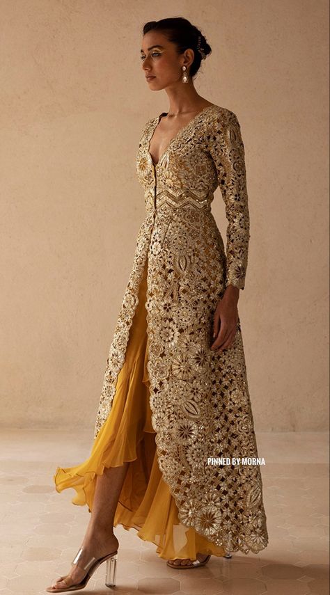 Indian Jackets For Women Wedding, Wedding Guest Indian Outfit, Traditional Jackets For Women Indian, Saree One Piece Gown, Gold Dress With Sleeves, Indian Outfits Modern, Floral Cutwork, Gown Chiffon, Organza Jacket