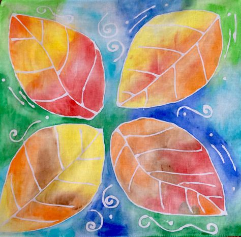 Gel Glue Batik on a Hankerchief with Fall Leaves as the theme Glue Batik Art, Glue Batik, Harvest Art, Textile Art Quilt, Teaching Holidays, Gel Glue, Batik Art, Fall Leaves, Art Quilts