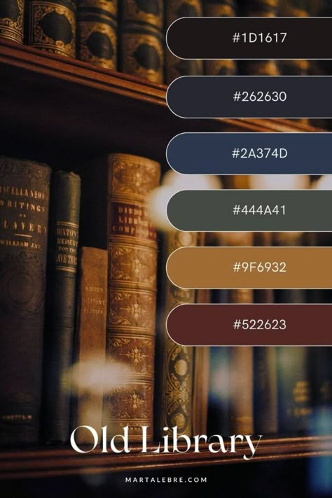 Tudor Interior Color Palette, Library Colour Scheme, Old Library Color Palette, African Dark Academia, Color Pallets Dark Academia, Dark Academia Office Paint Colors, Whisky Color Palette, Home Library Color Palette, Dark Academia Speakeasy