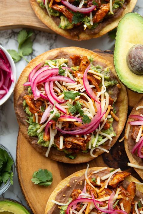 Mexican Food Tostadas, Chicken Fajita Tostadas, Healthy Chicken Tostadas, Authentic Tostada Recipes, Ground Chicken Tostadas, Chicken Tostada Salad, Southwest Salad Tostada, Gluten Free Tostadas, Shredded Chicken Tostada Recipes