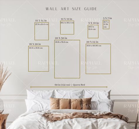 Wall Art Size Guide Vertical Frame Size Guide Print Size - Etsy Wall Art Frame Sizes, Bedroom Wall Art Size Guide, Wall Art Size Guide Above Full Bed, Bedroom Graphic Prints, Wall Art Dimensions Guide, Bedroom With Frames Wall Art, Headboard Pictures Wall Art, Picture Frame Sizes On Wall, Wall Art Size Guide Above King Bed