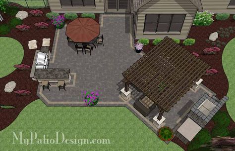 Rear Paver Patio Design with Pergola, Fireplace  Bar | Download Plan – MyPatioDesign.com Pergola Fireplace, Paver Patio Installation, Patio Plan, Patio Blocks, Patio Installation, Patio Plans, Outdoor Grill Station, Concrete Patios, Patio Pavers Design