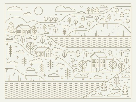 Doodle Landscape, Postcard Inspiration, Gold Landscape, Illustration City, Lineart Illustration, Art Lineart, Scene Illustration, Doodle Wall, Illustration Line Art