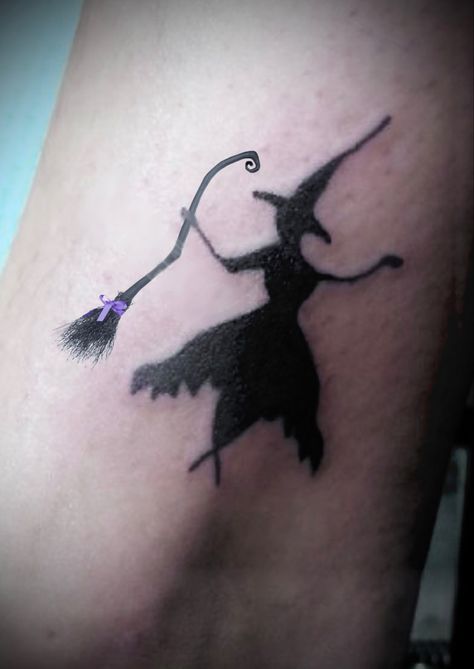 Witch and broom tattoo Three Witches Tattoo, Salem Witch Tattoo, Tiny Witch Tattoo, Minimalist Witch Tattoo, Witches Broom Tattoo, Simple Witch Tattoo, Witch Broom Tattoo, Broom Tattoo, Witch Tattoos