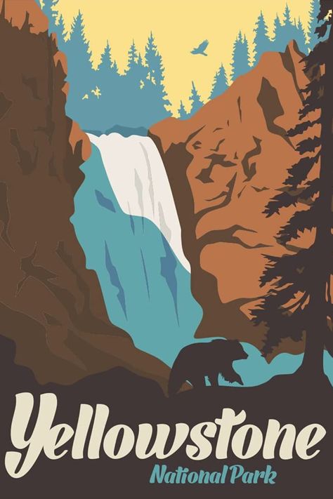 Poster, Yellowstone, vintage Yellowstone National Park Poster, Vintage National Park Posters, Poster Nature, Yellowstone Park, Nature Vintage, Architecture Poster, Mountain Travel, National Park Posters, Grand Canyon National Park