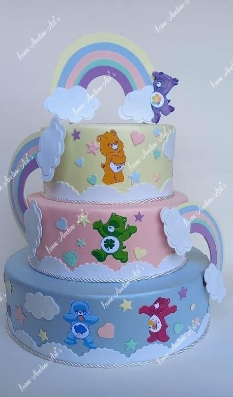 Care Bear Baby Shower Cake, Care Bears Cake Ideas, Care Bear Birthday Cake, Carebear Birthday Party Ideas, Care Bear Cake, Care Bear Cakes, Bear Baby Shower Cake, Sweet Baby Shower Ideas, Care Bears Birthday Party