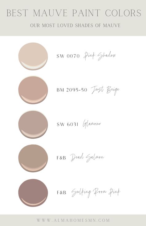 Mauve Beige Color Palette, Muted Colors Living Room, Pink Brown Paint Color, Best Dusty Rose Paint Color, Brown Mauve Paint Color, Light Mauve Paint, Best Mauve Paint Colors, Mauve Kitchen, Office Palette