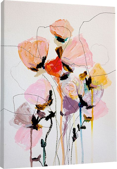 This modern floral Larbee artwork features a colorful stylized floral bouquet with pop colors of yellow, pink, and orange with highlights of purple and brown. The abstracted floral displays beautifully in modern and transitional interiors. This gallery wrapped canvas artwork is 100% made in Canada using wood stretcher frame. It is moisture resistant and can withstand different climates. Customer assembly required. Boom Kunst, Floral Art Print, Soyut Sanat Tabloları, Etsy Art Prints, Arte Inspo, Floral Prints Art, Flower Paintings, Abstract Canvas Painting, Arte Floral