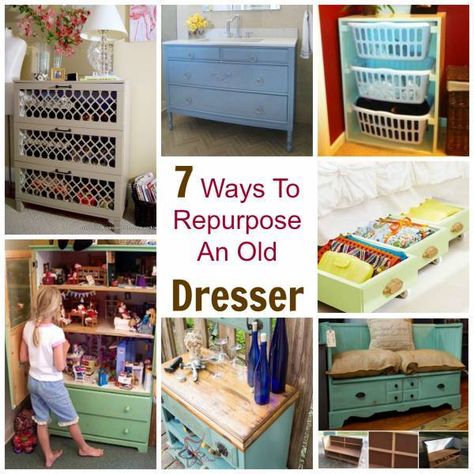 7 Ways To Repurpose An Old Dresser – Home and Garden Old Drawer Ideas, Vanity Upcycle, Repurpose Drawers, Diy Bar Cabinet, Dresser Top Organization Ideas, Laundry Room Upgrade, Diy Dresser Drawers, Repurpose Dresser, Broken Dresser