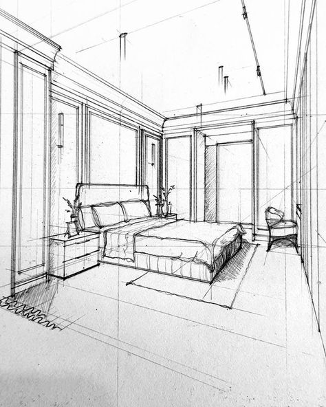 Interior Prespective Drawings, Sketches Of Interior Spaces, Interior Space Sketch, Interior Space Drawing, Space Sketches, Room Perspective Drawing, Interior Architecture Sketch, Interior Design Sketchbook, Drawing Furniture